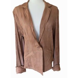 Jakett New York Tan Perforated Leather Blazer Jacket Ribbed Knit Sleeves Large